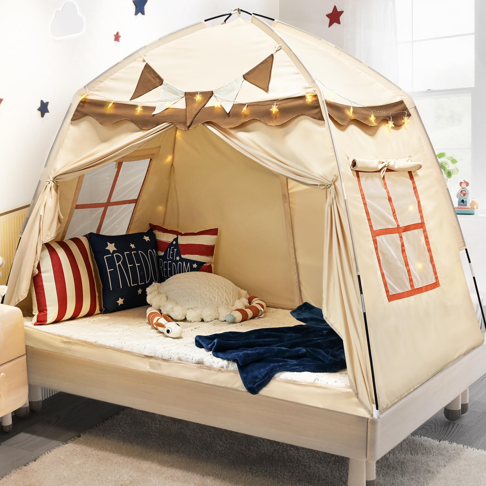 RIYDH Kids Bed Tent Canopy Twin with String Light 80% Blackout Portable Breathable Privacy Dream Tent, Indoor Camping Sleeping Tents for Girls Boys Play Original Design Drafty Cottage Room Floor Use