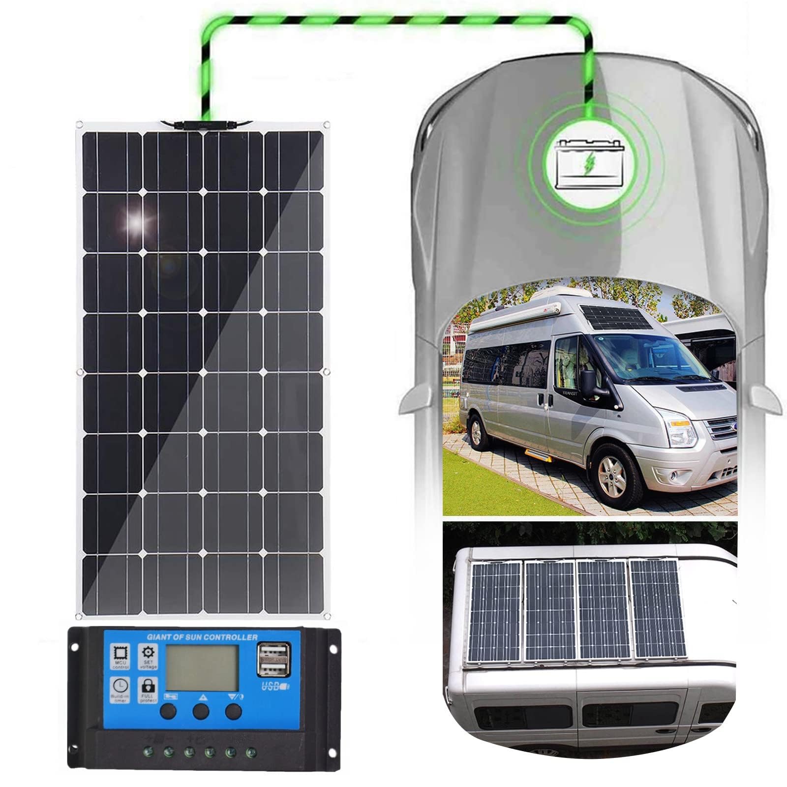 Kit Pannello Solare Portatile da 400 W per Camper, Caricabatterie monocristallino Semi-Flessibile Mono Fuori Rete da 12 Volt per casa, roulotte, Barca, superfici Irregolari, 1 pz.