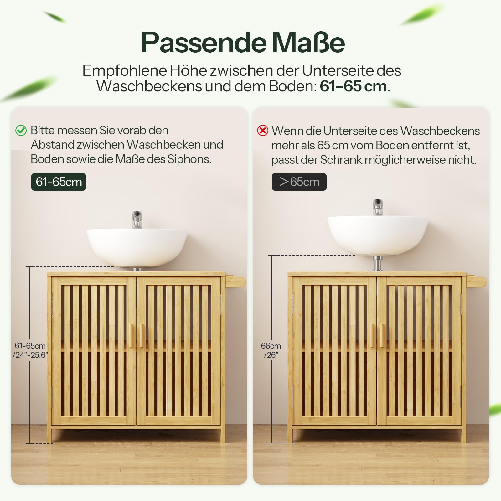 HOOBRO Bambus-Waschbeckenunterschrank mit 2 Türen, 2 Fächern und Handtuchhalter, Unterschrank, Badezimmerschrank, Badschrank, 60 x 30 x 60 cm, für Waschbecken ohne Säule, Natur EYL06BV01