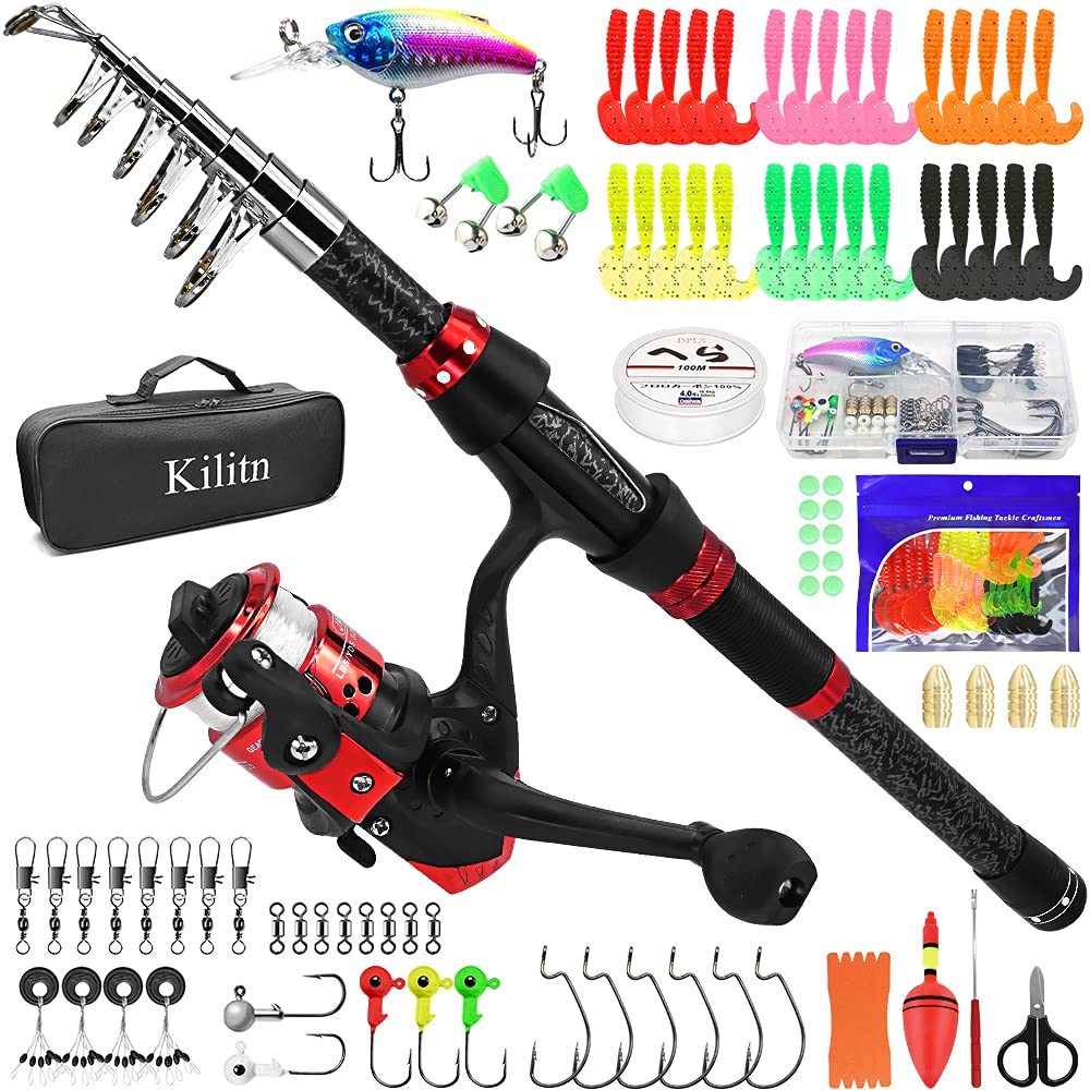 KilitnKids Fishing Rod Kit, Portable Combos Carbon Fiber Telescopic Fishing Pole and Reel Combos and String with Fishing Line Full Kits, Youth Fishing Gear for Kids, Boys, Girls, and Adults