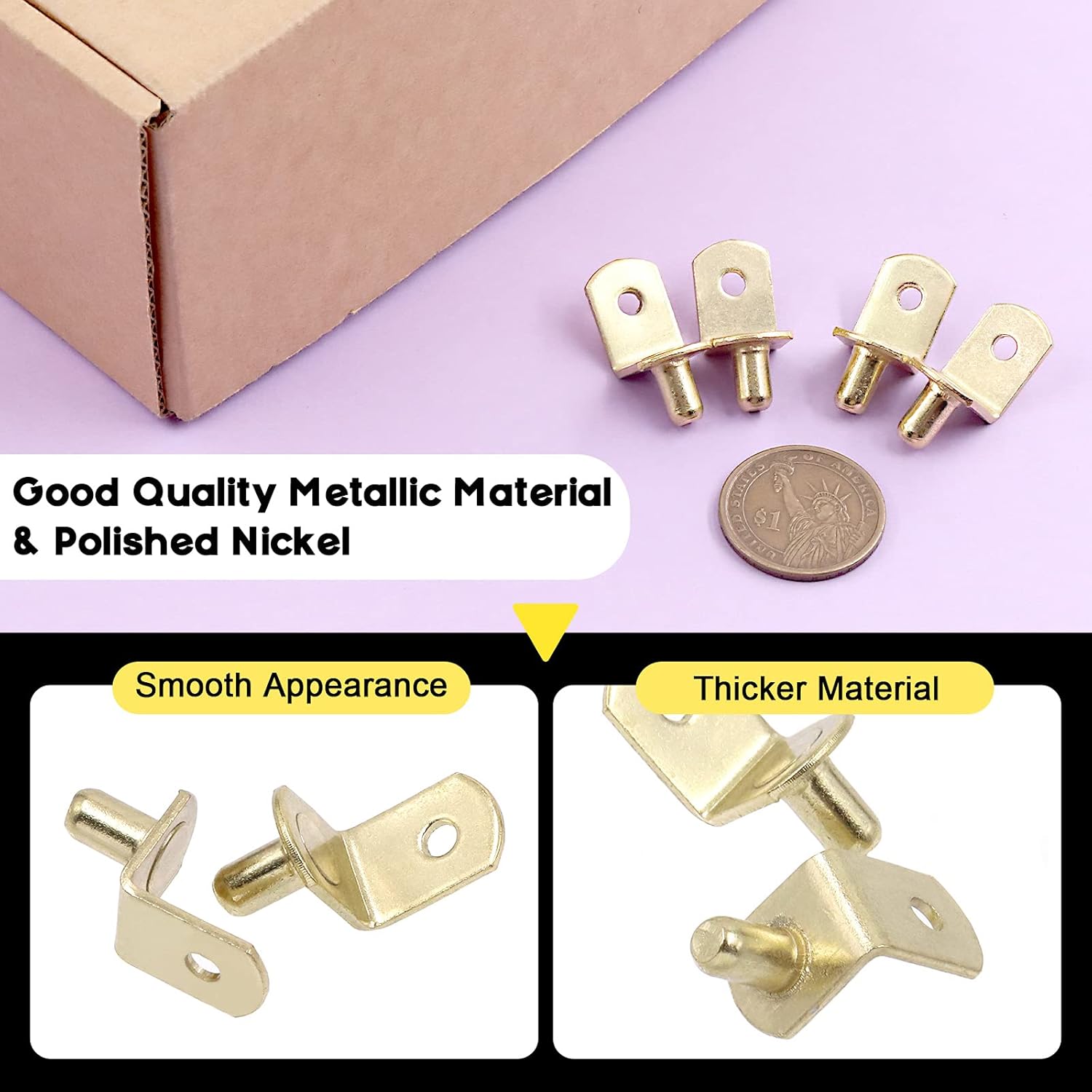 Swpeet 60 Pcs L-Shelf Pins, 6mm Gold Support Pegs with Hole, Plated Steel Shelf Holder Pins Bracket Cabinet Clips Holder for Shelf Holes on Bookcase, Cabinets and Entertainment Centers