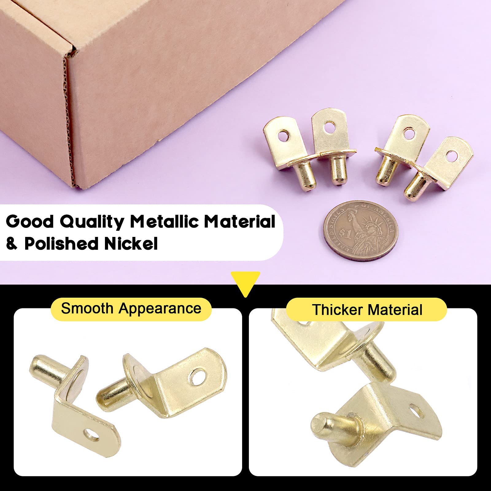 Swpeet 60 Pcs L-Shelf Pins, 6mm Gold Support Pegs with Hole, Plated Steel Shelf Holder Pins Bracket Cabinet Clips Holder for Shelf Holes on Bookcase, Cabinets and Entertainment Centers — Amazon image 3
