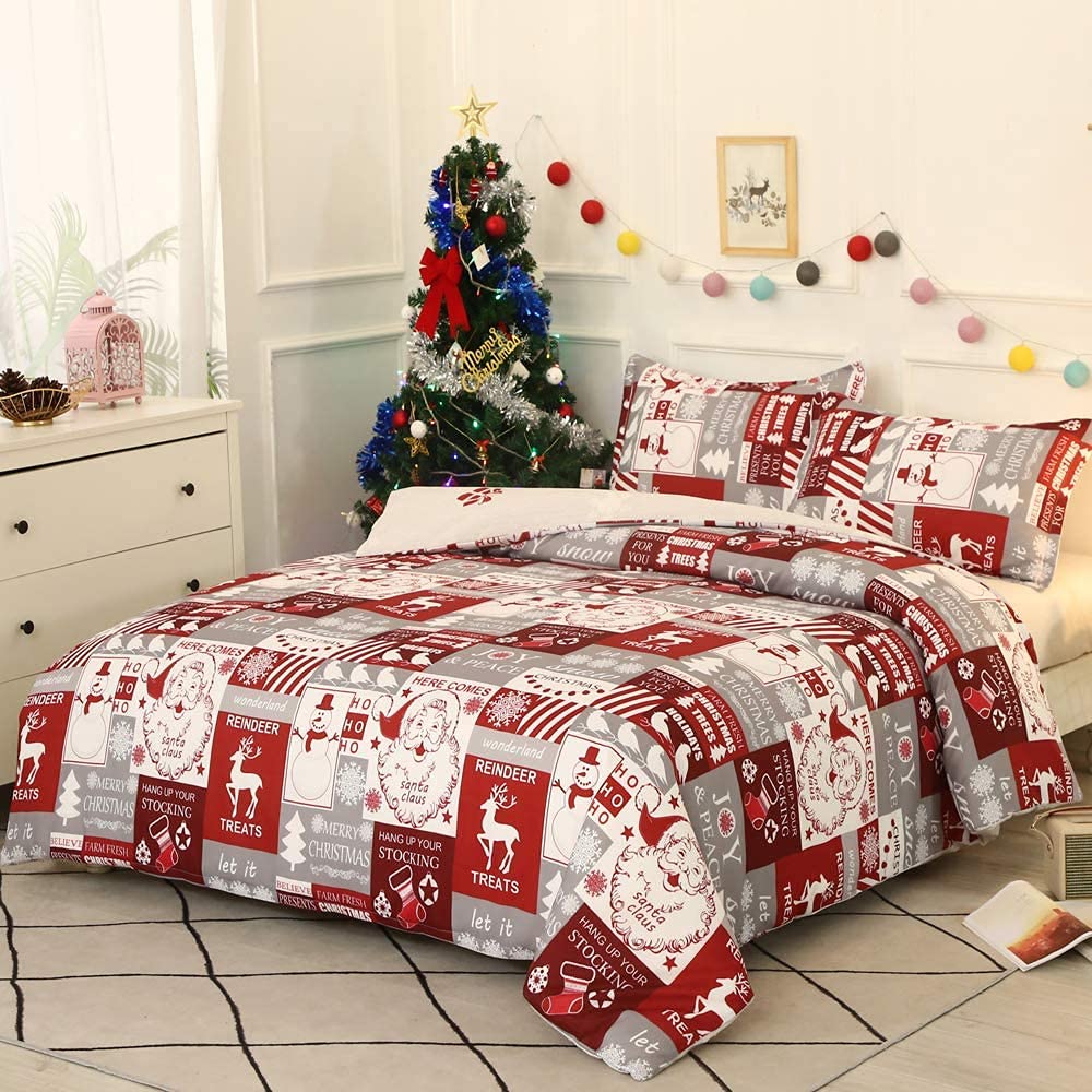 iyoimono Christmas Duvet Cover Set Queen Size Red White Santa Claus Reindeer Snowman Bedding Set for New Year Microfiber Comforter Quilt Cover with Zipper Closure and 2 Pillow Shams