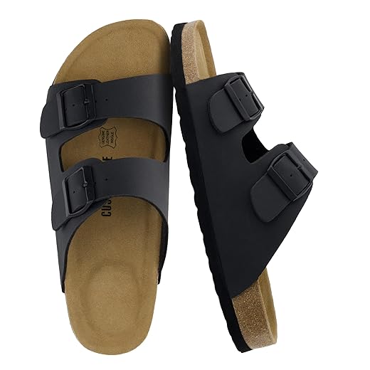 CUSHIONAIRE Lane Cork Footbed Mens Sandals, Adjustable Buckle Comfort Slides for Men, Genuine Leather Insole Summer Sandals Men Footwear