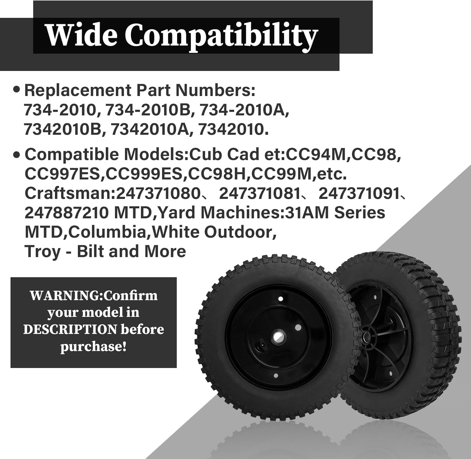 734-2010 Lawn Mower Wheels Compatible with Cub Cadet SRC621 SR621 Self Propelled Mower, Craftsman Push Mower, MTD Mowers, Replace 734-2010B 734-2010A, 2 Pack