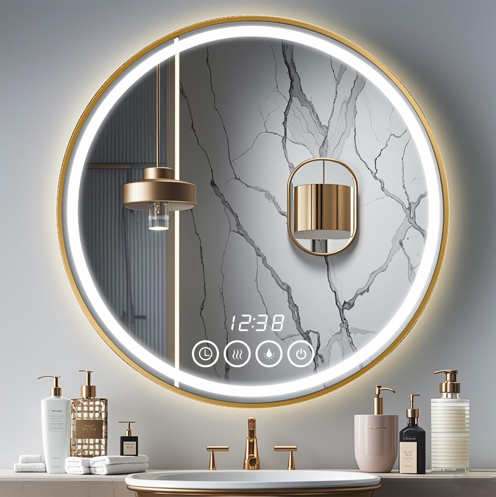 28 Inch Wall-Mounted Round Bathroom Mirror with LED-Lights - Frame Vanity Mirrors (28" x 28", Gold)