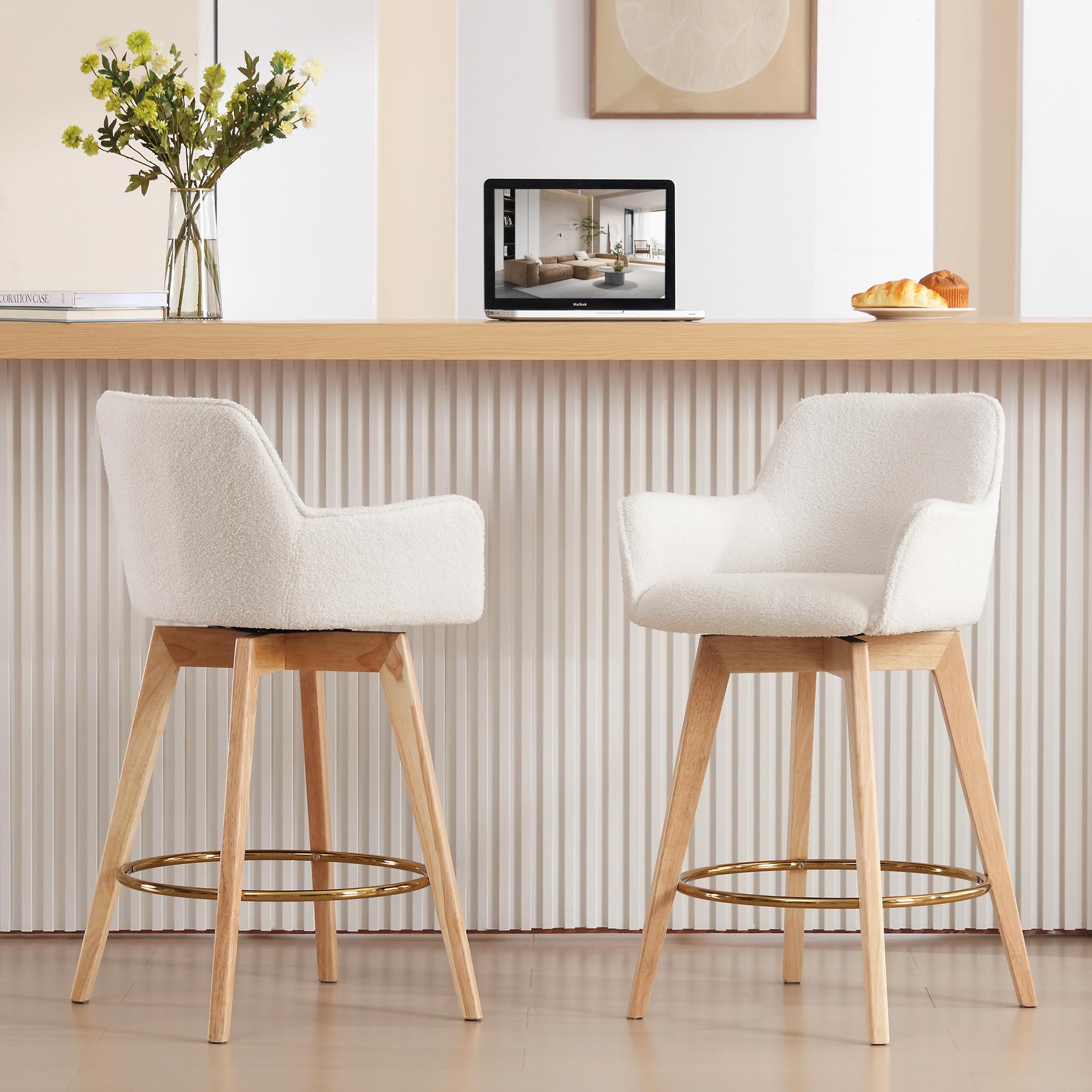 ONEVOG 26 Inch Boucle Counter Stools Set of 2, Modern Counter Height Swivel Bar Stools with Backs and Arms, Sherpa Fabric Upholstered Wooden Barstools Boho Kitchen Island Chairs, Cream White
