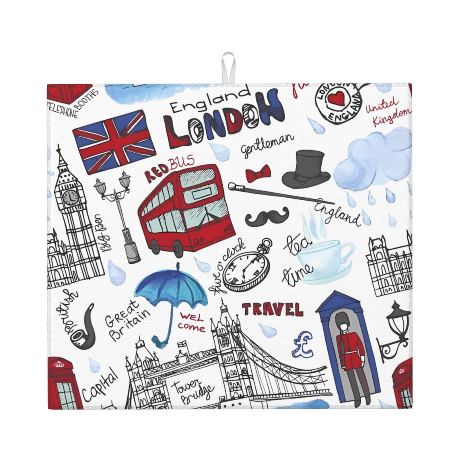 YYHWHJDE London Prints Kitchen Drying Mat – Absorbent Microfiber Throw for Dishes, Non-Slip Counter Layer with Vibrant Fade-Resistant Print, Ideal for Appliance Protection