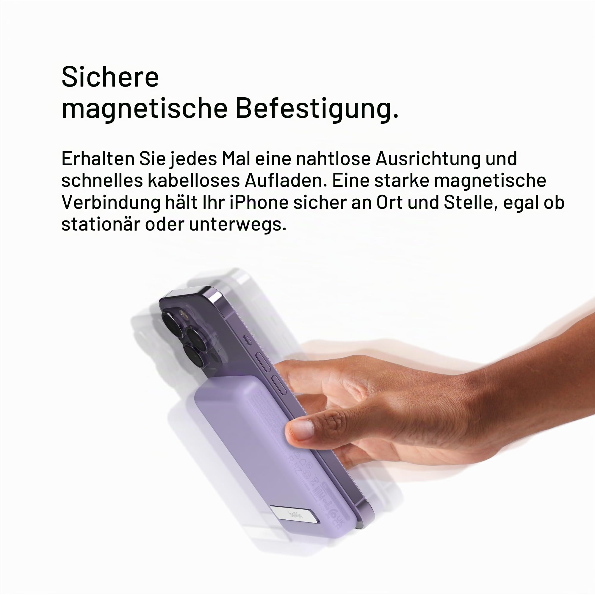Belkin Magnetische 5000mAh Powerbank, Externer Handy-Akku, Kompatibel mit MagSafe, mit Passthrough-Ladefunktion und Ständer, 7,5W Ausgang, 10W Eingang, für iPhone 17, Air, 16, 15, Pixelsnap - Lila