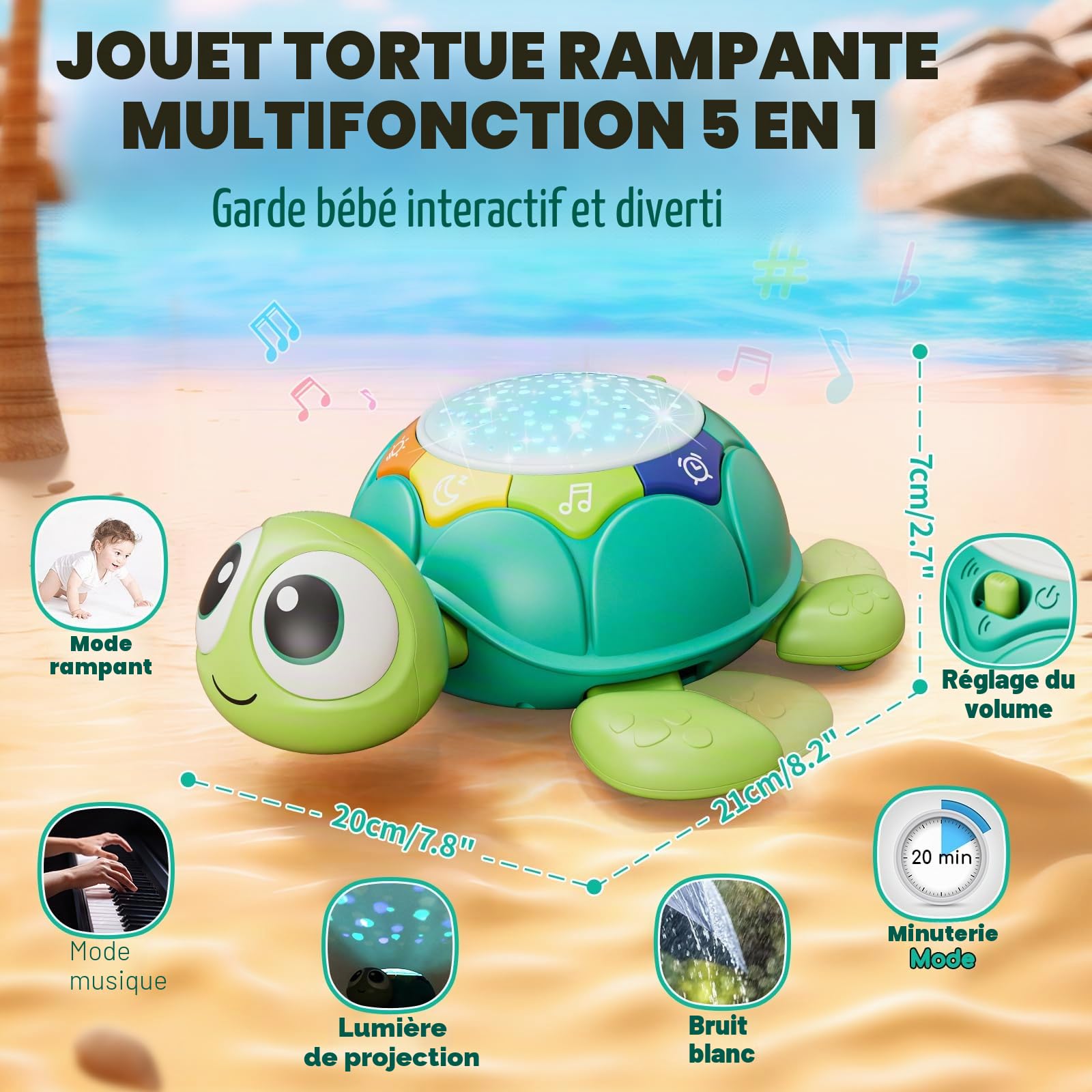 Lehoo Castle Jouets Bébés 1 an, Tortue Musicaux Jouet à Ramper avec Musique et Lumières, Cadeau pour Nouveau-né 3-6-9-12 Mois, Idée de Cadeau d'anniversaire pour Bébé