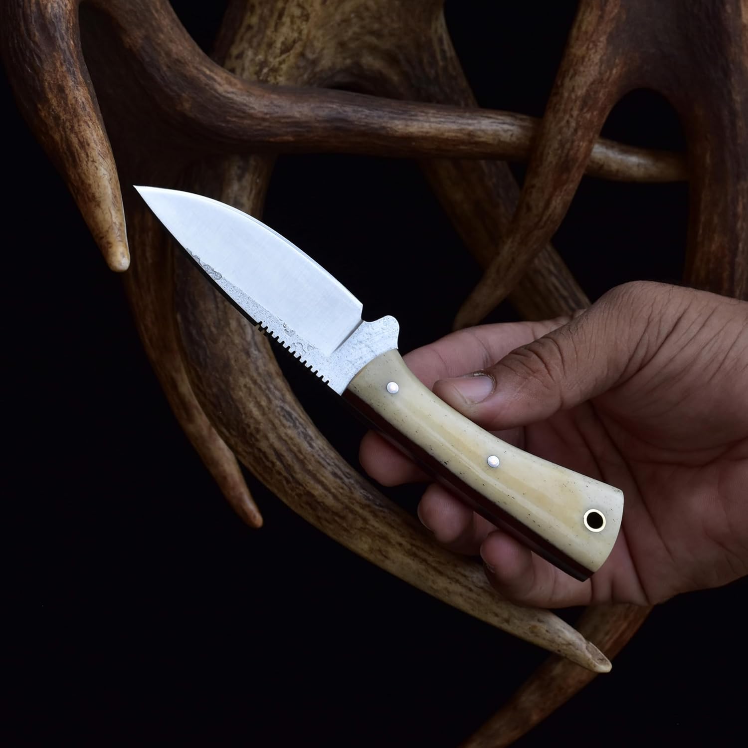 Knives Ranch EDC Fixed Blade, High Carbon Knife, Excellect Edge Retention, Bone Handle & Heavy Duty Horizontal Carry Cowboy Sheath Snug Fit (4402C-B)