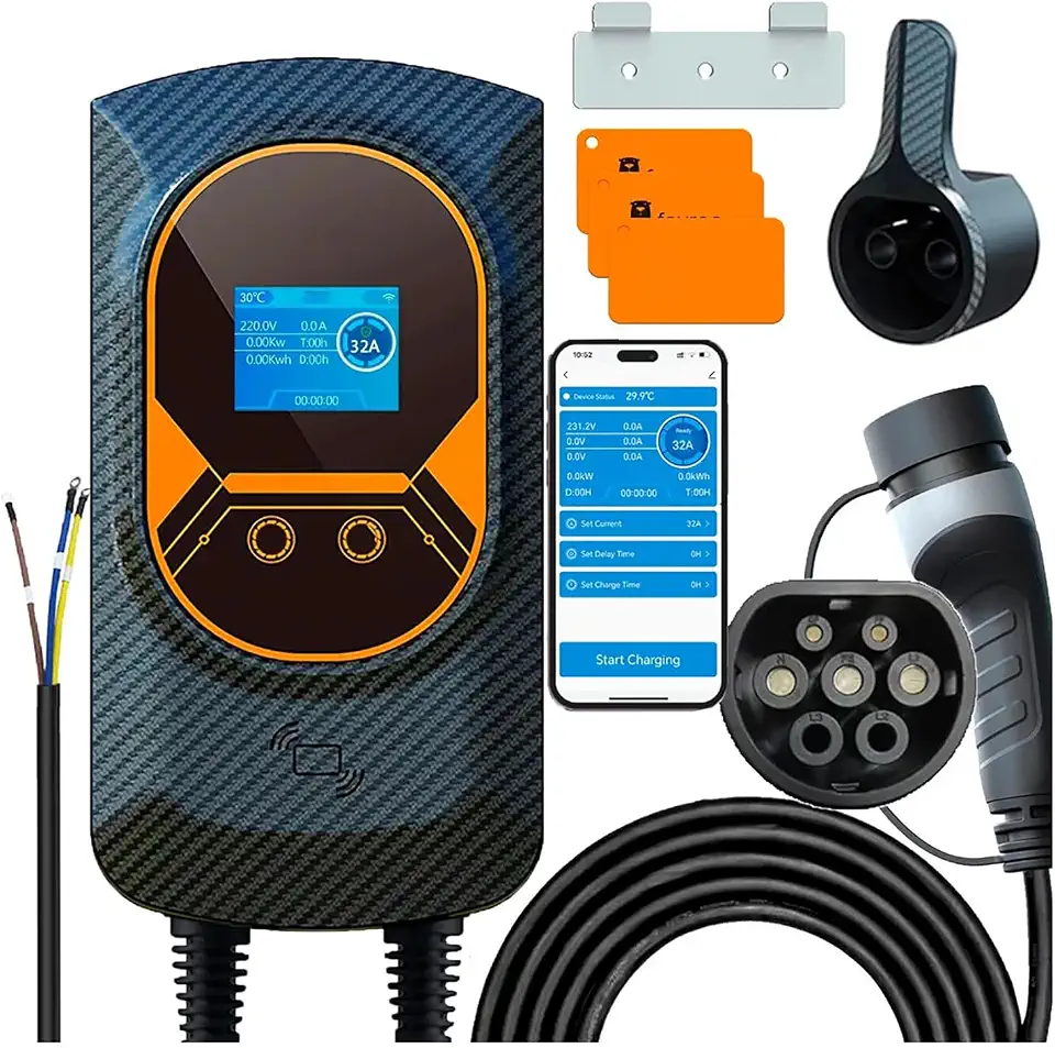 Carregador para Carro Elétrico Portátil, 7,6KW 8-10-13-16-25-32A 85-264V Type 2, Cabo de 5M,Carregador EV Tipo 2 para Carros Elétricos e Híbridos,Uso interno/externo,conexão de celular wi-fi/app
