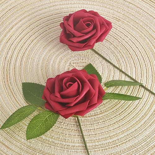 Miniatura 8 de homEdge Rosa artificial, 25 flores artificiales de espuma con tallo para decoración del hogar, ramos de boda, fiesta, certerpieces, aniversarios,