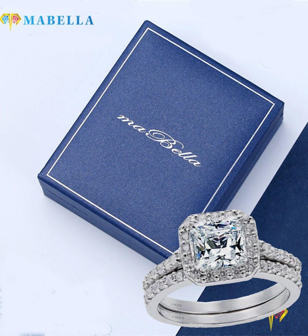 MABELLA Women’s 1.8 Ct Princess Cut 925 Sterling Silver Cubic Zirconia Wedding Engagement Ring Set Bridal Ring Band