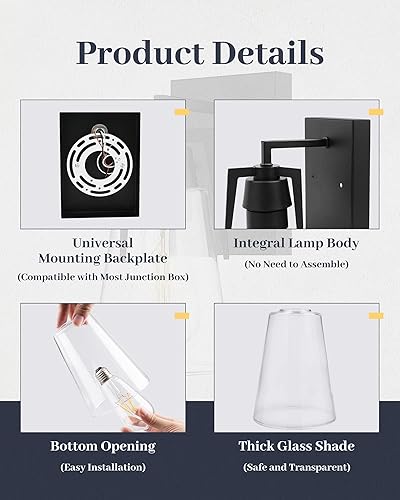 Miniatura 6 de EAPUDUN WLA1395-MBK - Accesorios de iluminación de baño vintage sobre espejo, 1 luz moderna luces de tocador con acabado negro, aplique de pared