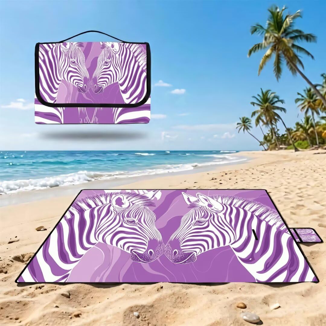 Couverture de Pique-Nique Grande 200x300cm,Outdoor Couverture Imperméable,Pliable Tapis de Plage Dos en PVC Anti-Sable,Picnic Blanket pour Camping Accessoires,Jardin,Parc,Famille - Violet,zèbre UZ-608