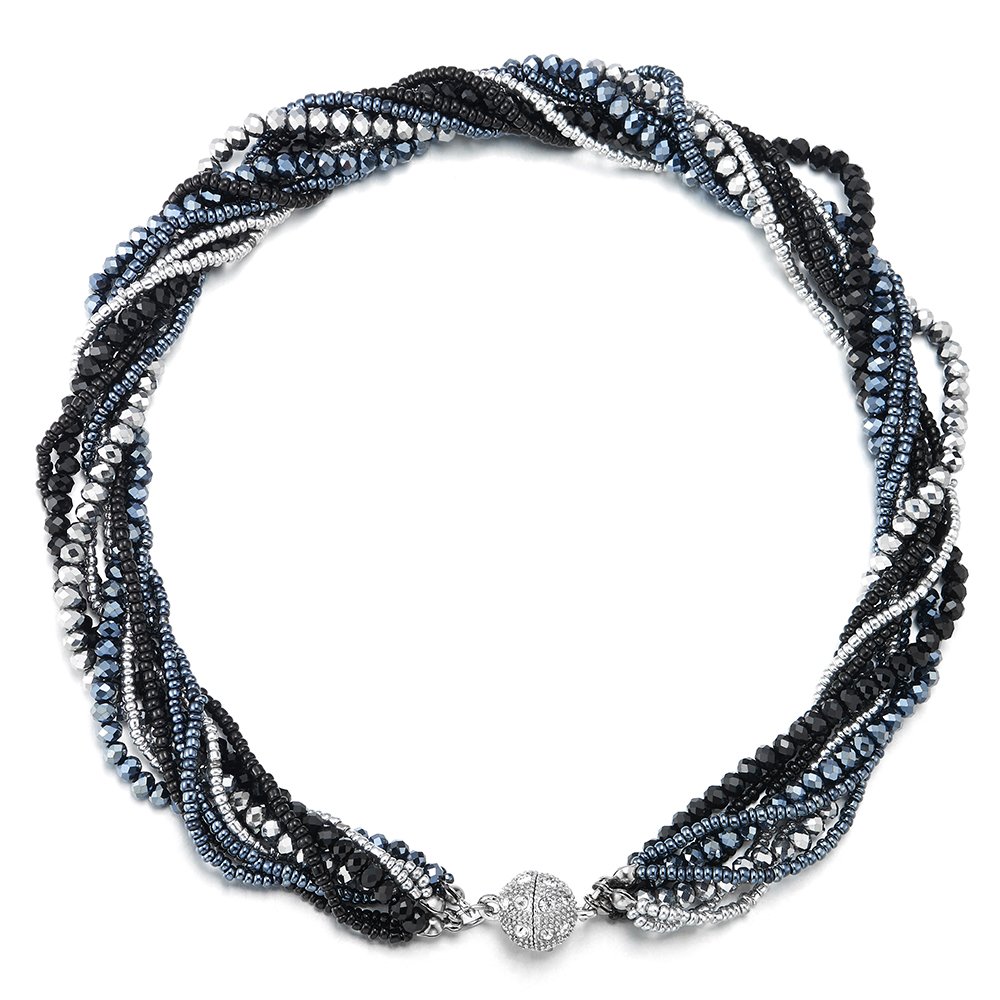 COOLSTEELANDBEYOND Multi-Layer Beads Crystal Braided Chain Choker Collar Magnetic Clasp,Statement Necklace, Bracelet