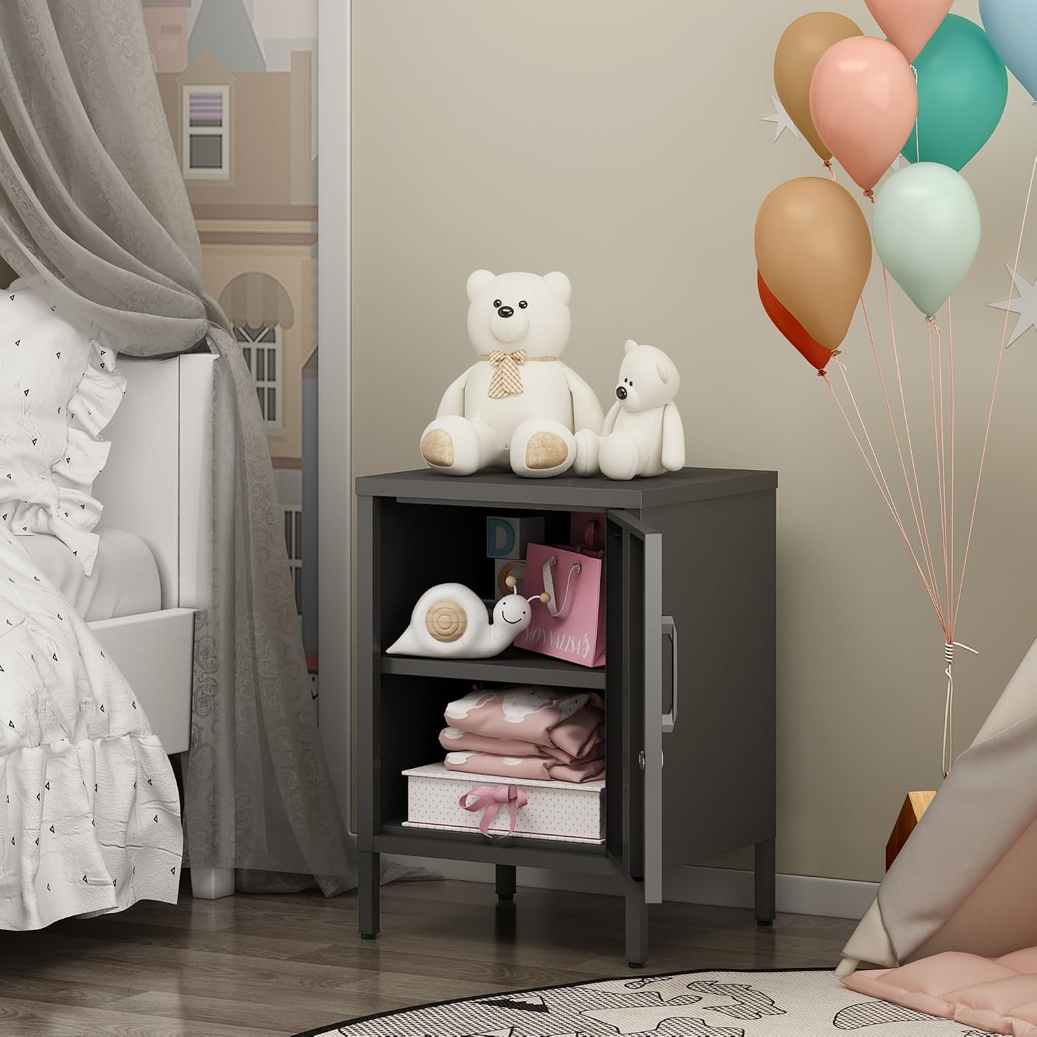 Metal Nightstand Modern End Side Table Steel Bedside Storage Cabinet with Shelf Easy Assembly for Living Room Bedroom （15.8”W x 15”D x 22.5”H ）