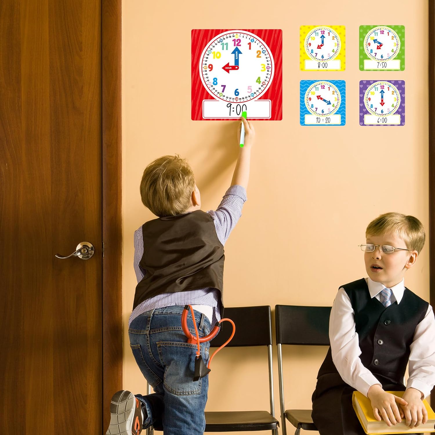 Cinrobiye 25 Pcs Classroom Teaching Clock Set,Learning Clocks,Learning Time with Laminated Dry-Erase Teaching Aids for Home Classroom Teacher Back to School Supplies