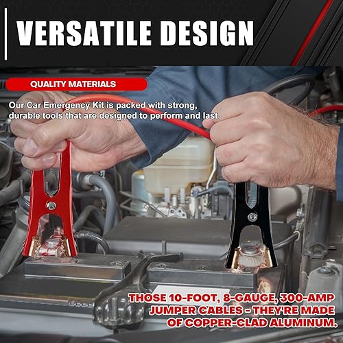 Miniatura 4 de C&T Kit de emergencia para automóvil de 90 piezas, kit de emergencia y primeros auxilios en carretera con compresor de aire, cuerda de remolque, kit