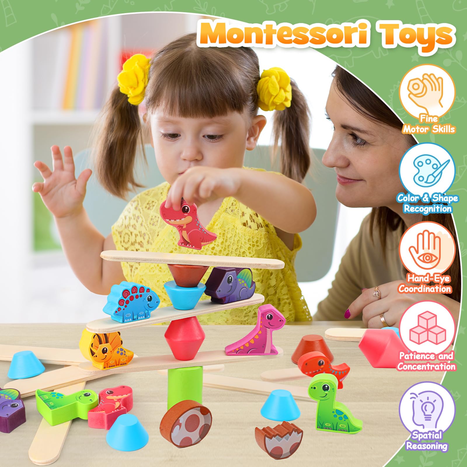 Jouet Montessori Dinosaure En Bois Pour Tout-Petits - Blocs Construction Empilables 1 à 4 Ans