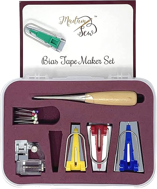 Madam Sew Bias Tape Maker Kit Adjustable Binding Presser Foot, 4 Bias Tape Makers, Quilt Awl and 10 Bead Head Pins Compatible with Brother, Janome and Low Shank Sewing and Quilting Machines
