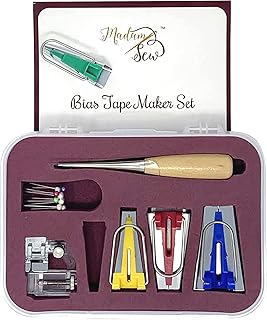 Madam Sew Bias Tape Maker Kit – Adjustable Binding Presser Foot, 4 Bias Tape Makers, Quilt Awl and 10 Bead Head Pins – Compatible with Brother, Janome and Low Shank Sewing and Quilting Machines