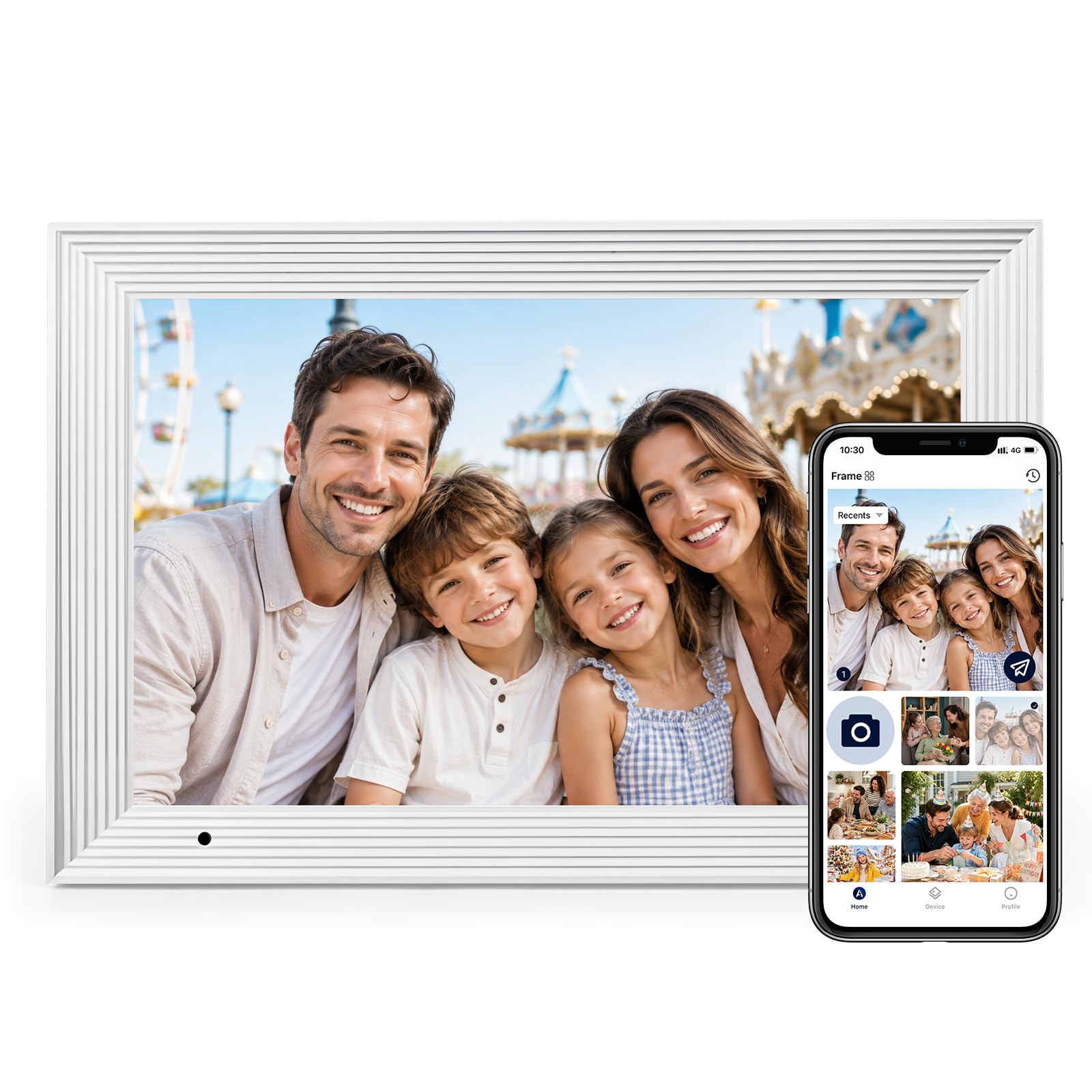 AEEZO Cadre Photo Numérique WiFi 10,1 Pouces, 32GB, Cadre Photo Numérique à Rotation Automatique, Partage Instantané et Facile de Photos et de Vidéos à Distance Via AiMOR (Blanc)