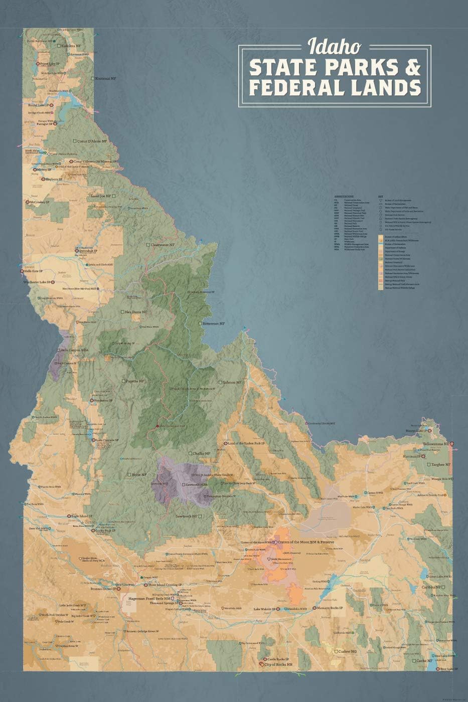 Idaho State Parks & Federal Lands Map 24x36 Poster (Tan & Slate Blue)