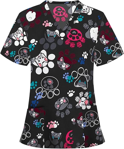 OIOLOYJM Printed Scrub Tops Women V Neck Short Sleeve Plus Size Scrubs for Womens Nursing Uniforms Shirts with Pockets