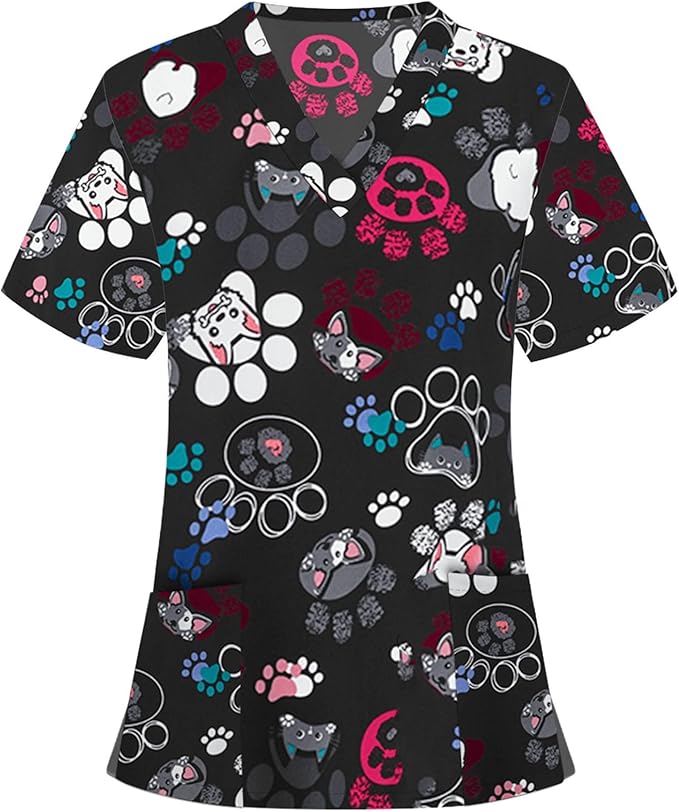 OIOLOYJM Printed Scrub Tops Women V Neck Short Sleeve Plus Size Scrubs for Womens Nursing Uniforms Shirts with Pockets