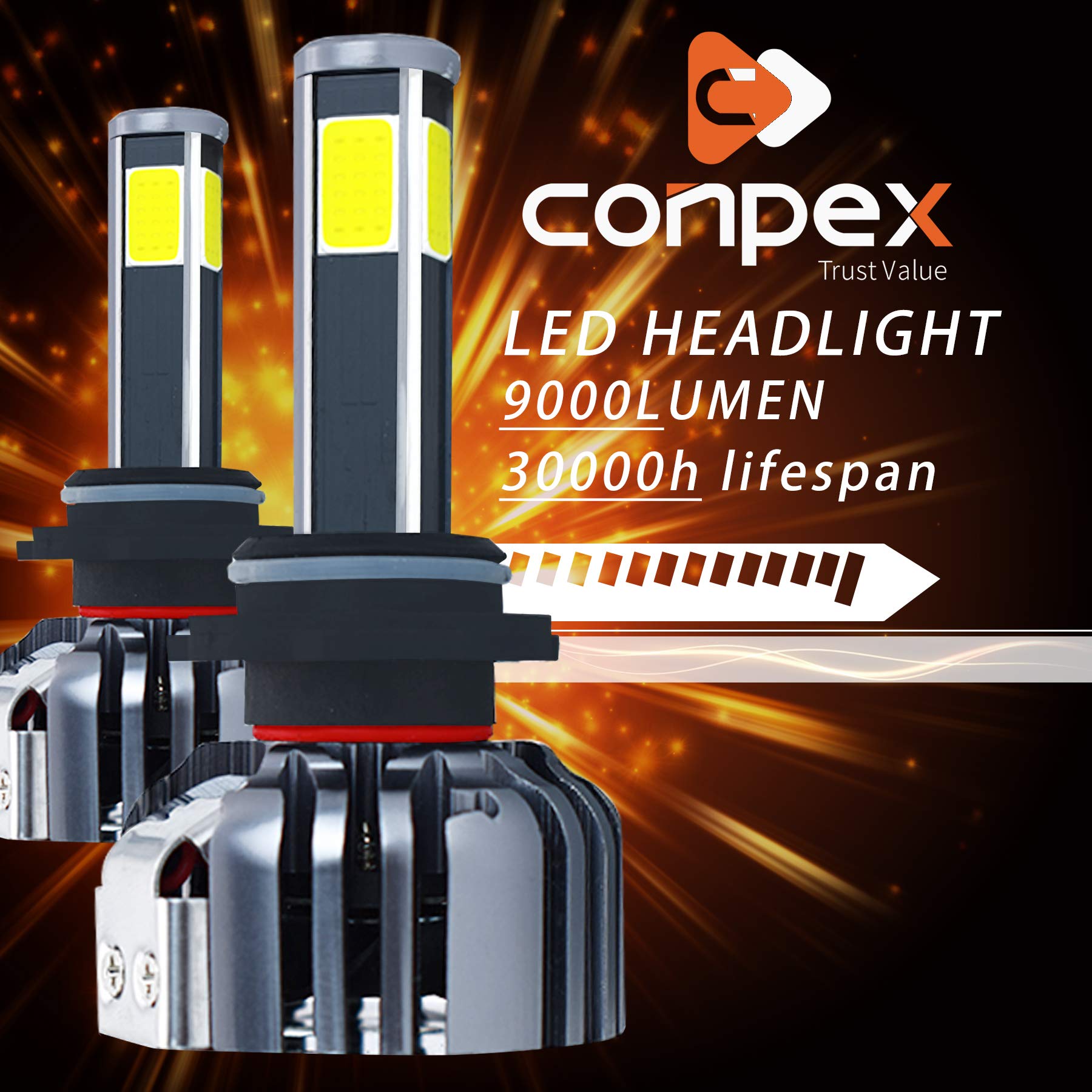 9006 HB4 LED Headlight Bulb 250W Automotive Conversion Kit 4 Sides Chips 9000 LM Super Bright for Car High Low Fog Beam with CANBUS Error Free Anti flicker 12month Warranty CONPEX