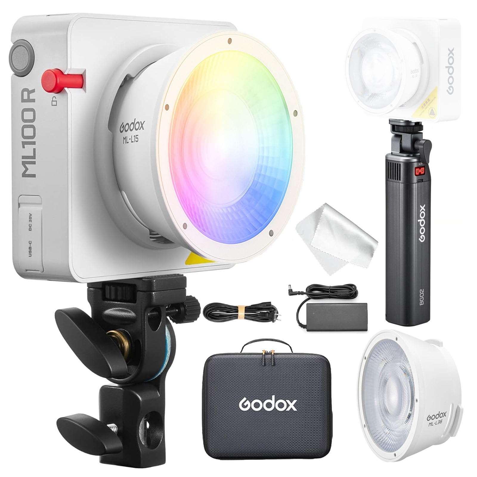 Godox ML100R Kit3 Luce Video LED RGB ca.110W, Riflettore 15° & 36° Incluso, 12900Lux @1m, 1800K-10000K, 14 Effetti FX, Impugnatura Batteria BG02, Godox Mount per Vlog