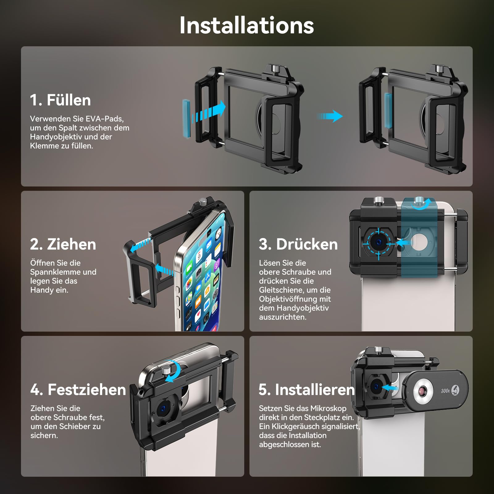 Evil Eye 300X Handy Mikroskop, Telefonmikroskop mit CPL, 18 LED-Licht, 19 Beleuchtungsmodi, Mikroskop Handy UV-Licht & Universalclip Für Android/iPhone, Ideal Für Gärtner, Uhren & Schmuckliebhaber