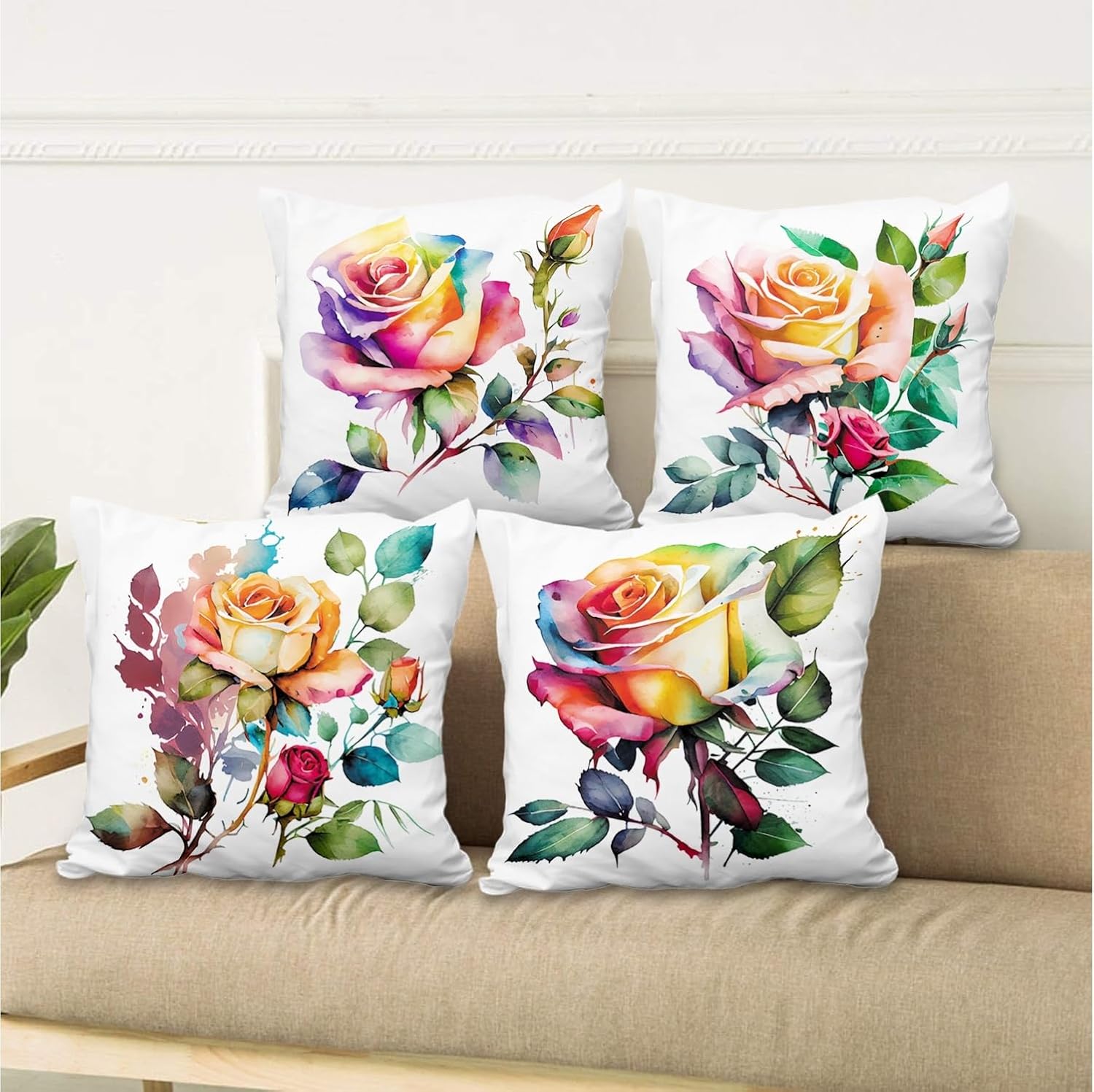 4 Pcs/Set Floral Pillow Covers Colorful Rose Flowers Green Leaves Gradual Color Petals Watercolor Romantic Throw Pillow Covers for Outdoor Home Couch Sofa Farmhouse Patio Decor, 18"x18"