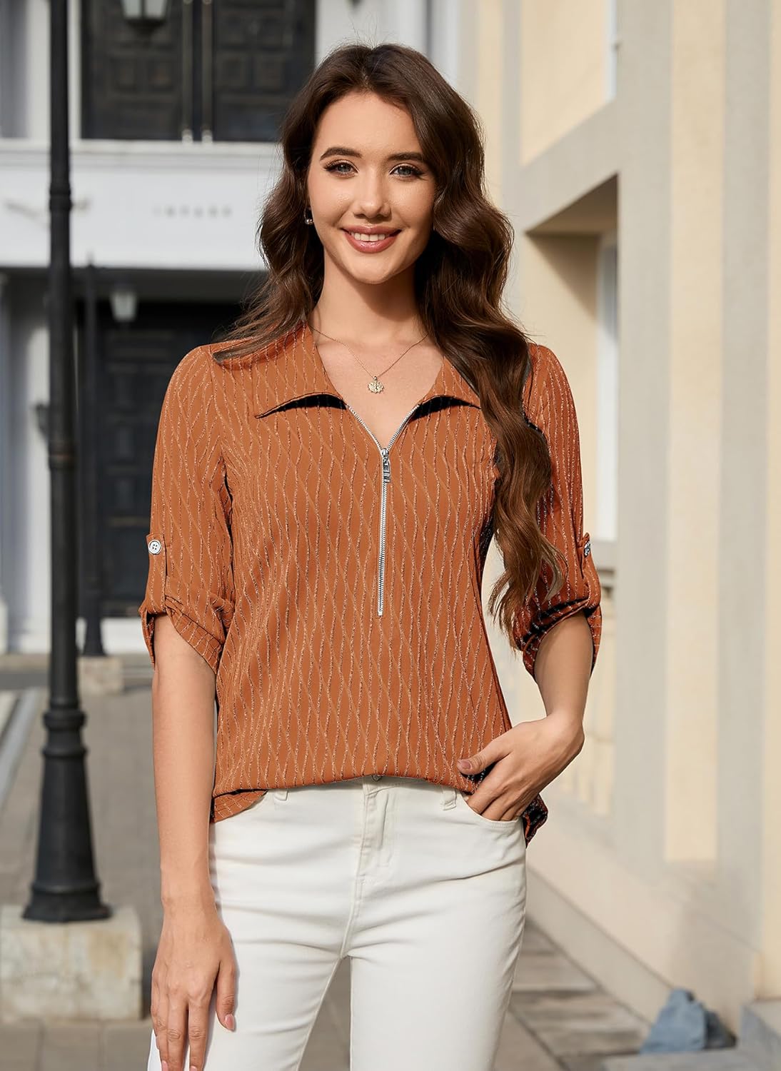 Bulotus Womens 3/4 Sleeve Tops Dressy Casual Shirts Work Business Zipper Blouses Collared Long Tunic 2026 Spring Summer - Image 2