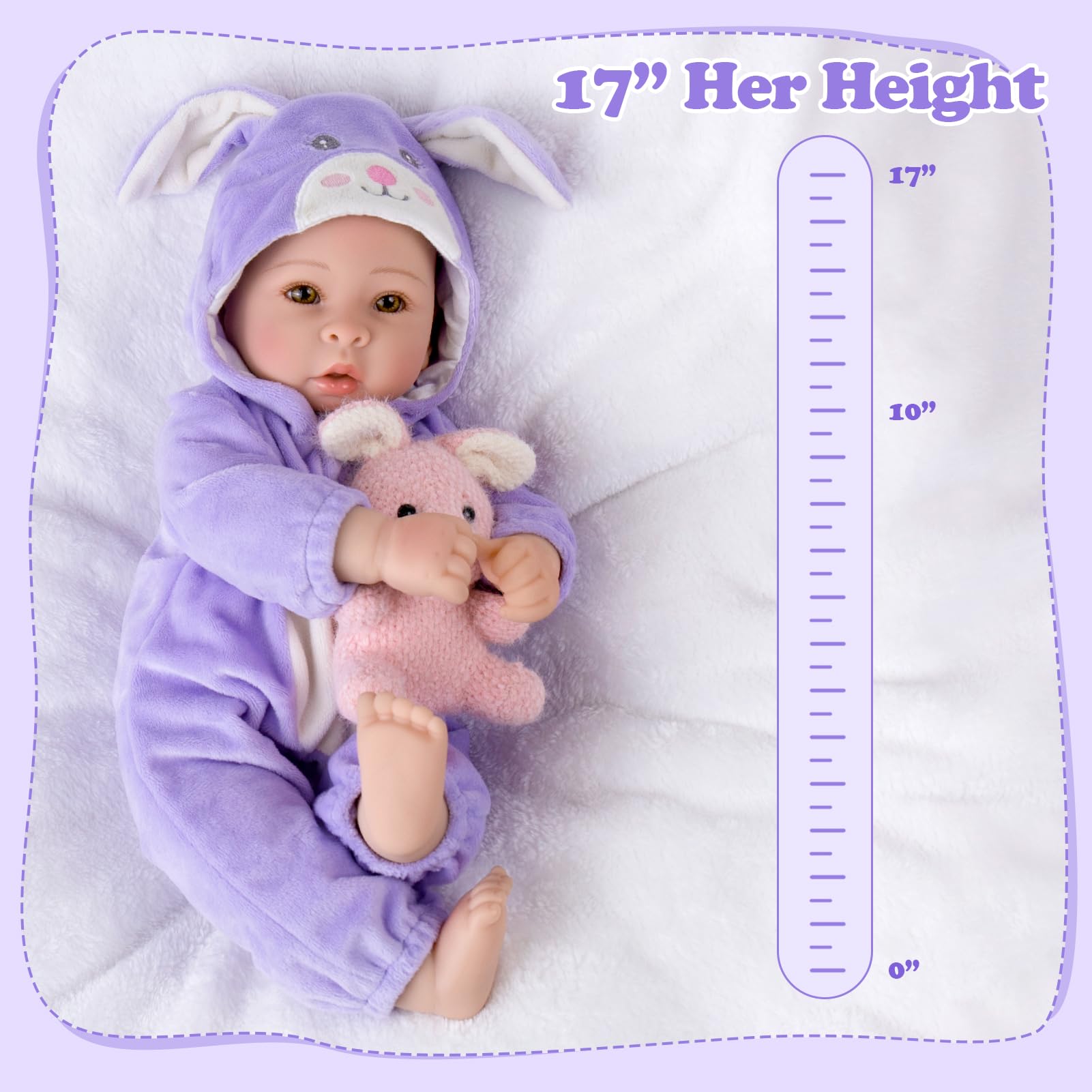 Real Baby Dolls - Muñeca de bebé realista de 17 pulgadas con cuerpo suave y trajes de conejo morado para niñas de 3 años o más, juego de simulación, disfraz, decoración de guardería 6