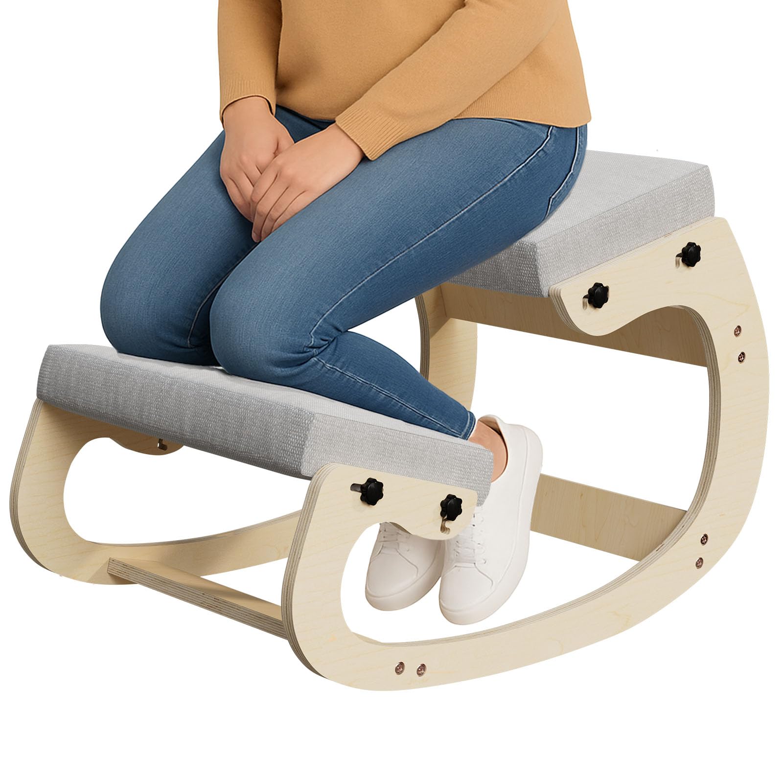 Ergonomischer Kniestuhl mit Schaukelbasis aus Holz – Höhenverstellbarer Haltungstrainer mit dickem Sitzkissen und weicher Knierolle, ideal fürs Homeoffice & gegen Rückenschmerzen
