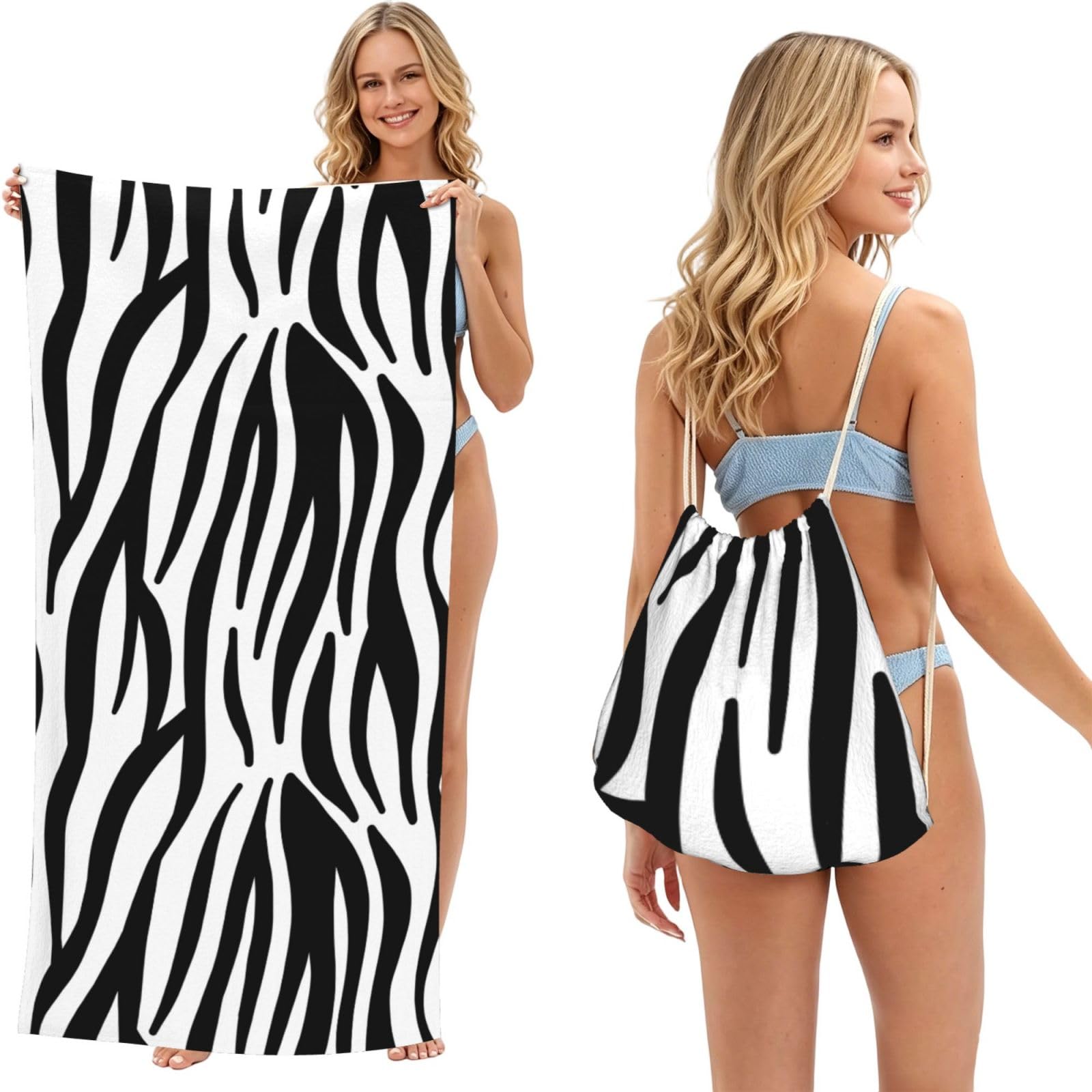 Poadnly As Picture Zebra Print, 2 In 1 Packable Towel Bag, Beach Towels With Drawstring Backpack For Travel Holiday Camping