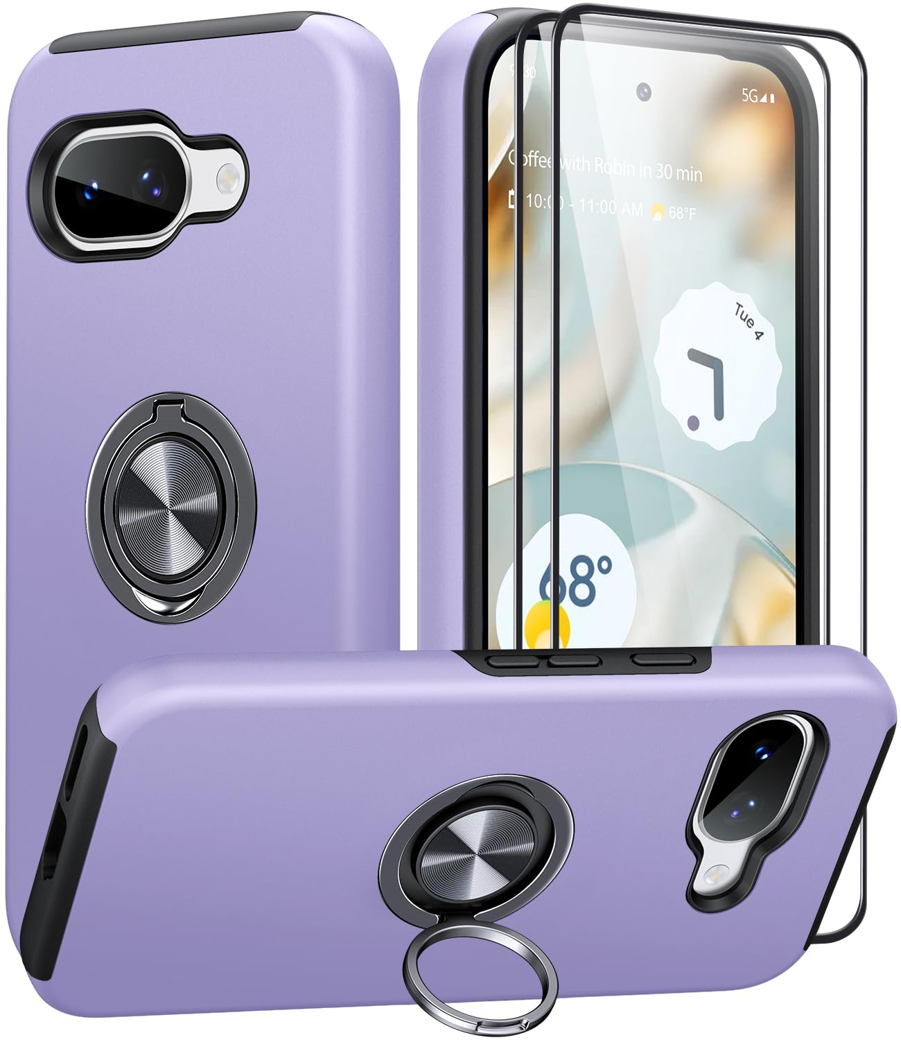 AOUIA für Google Pixel 9A Hülle mit 2 Stück Schutzfolie, Militärischer Schutz Stoßfest Pixel 9A Hülle mit 360° Drehbarem Ring Kickstand Handyhülle für Google Pixel 9a, Violett
