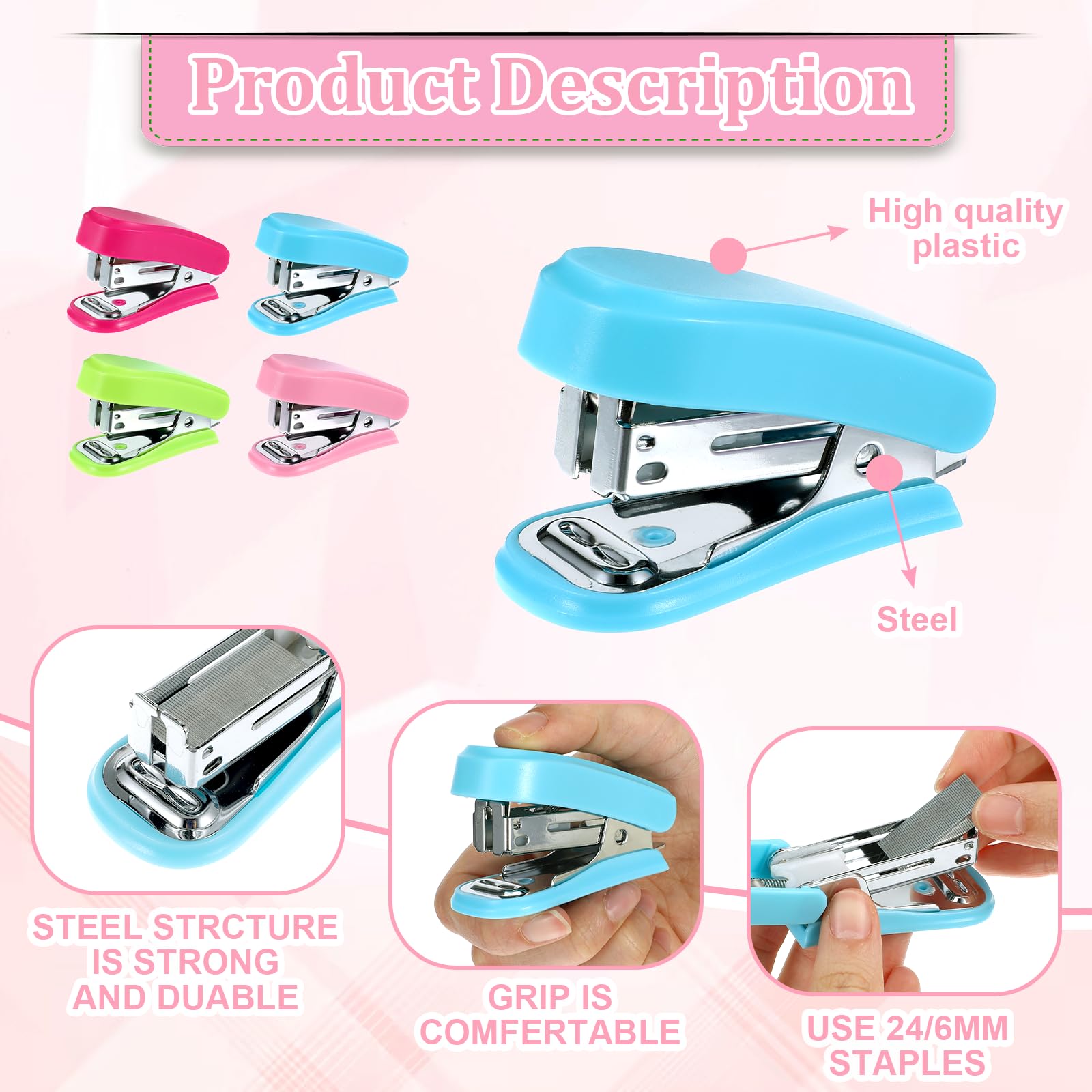 12 Pcs Mini Stapler with 12 Boxes Staple, Includes Built in Staple Remover, Desk Little Stapler for School Office Supplies (Blue, Green, Pink, Rose) - Image 3