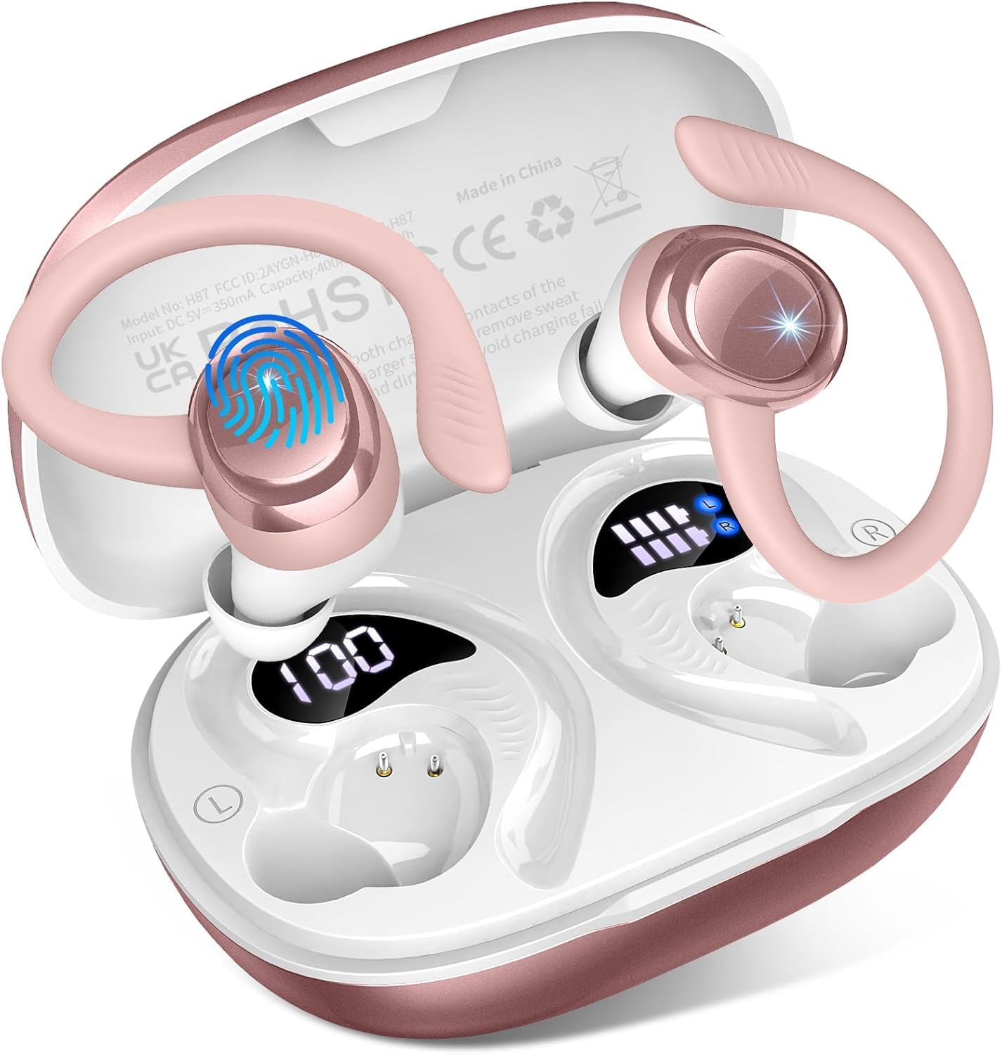 Auriculares Inalámbricos Bluetooth Deportivos, 60H Auriculares Bluetooth 5.4 con HiFi Estéreo, 4 ENC Mics, 2026 Cascos Inalambricos con Cancelación RuidoI/IP7/USB-C Auriculares para Correr Oro Rosa