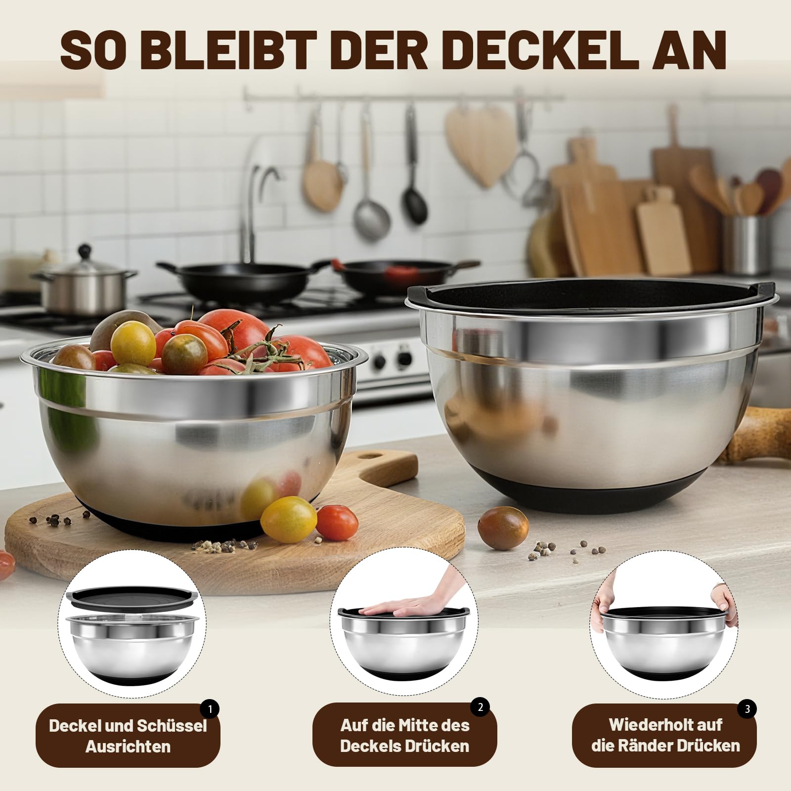 INMORVEN Edelstahl Schüssel Set mit Deckel - 6-teilige Rührschüsseln (0.96-4L) aus 18/10 Stahl, spülmaschinenfest & stapelbar für Küche & Aufbewahrung (Schwarz)