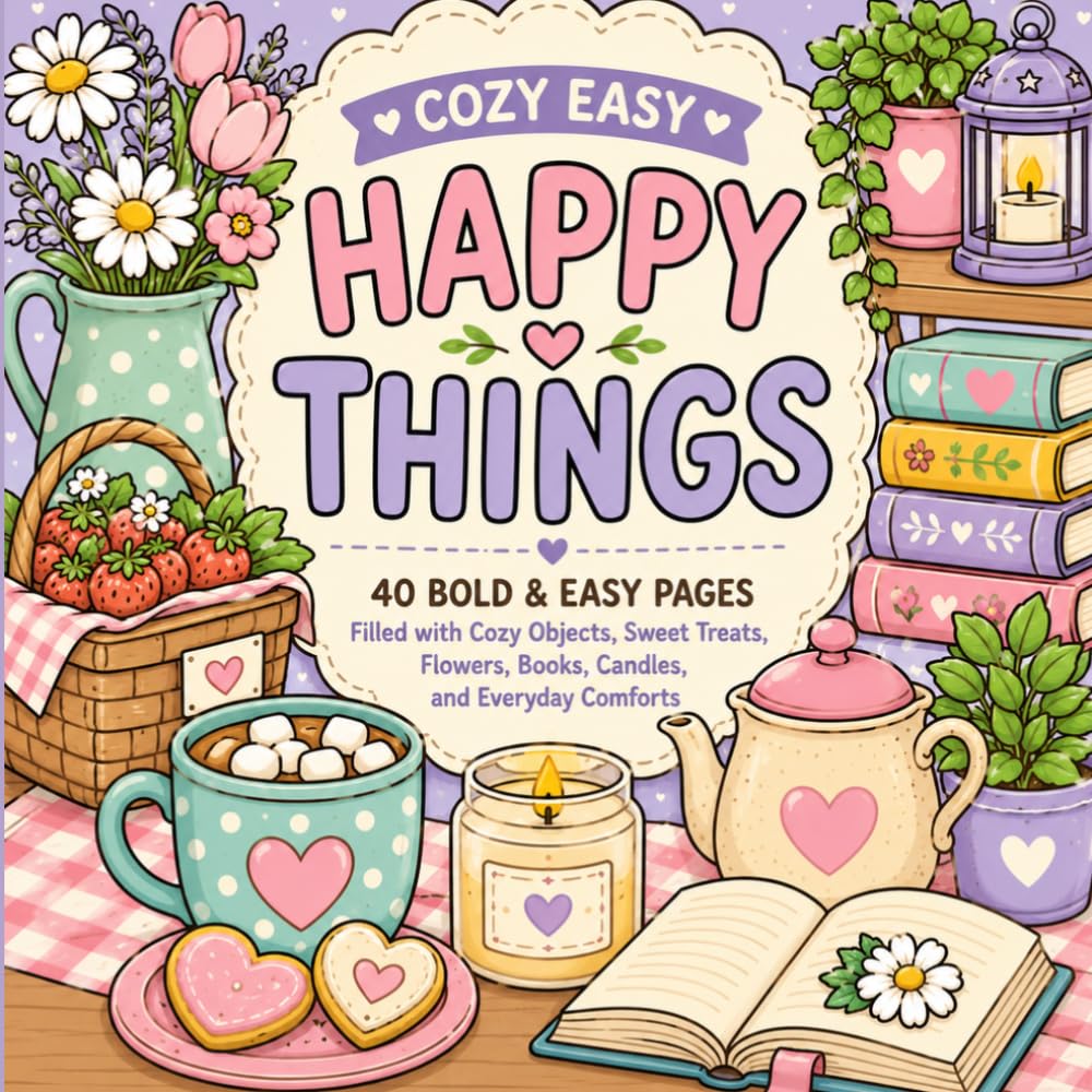 Cozy Easy Happy Things: A Bold and Easy Coloring Book for Adults Featuring Cozy Objects, Sweet Treats, Flowers, Books, Candles, and Everyday Comforts