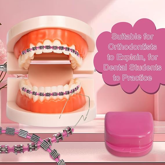 1 Pack Fake Braces, Temporary Tooth Decoration with Metal Wires, Metal Brackets and Orthodontic Ligature Ties, Suitable for Orthodontists to Explain, for Dental Students to Practice (Pink)