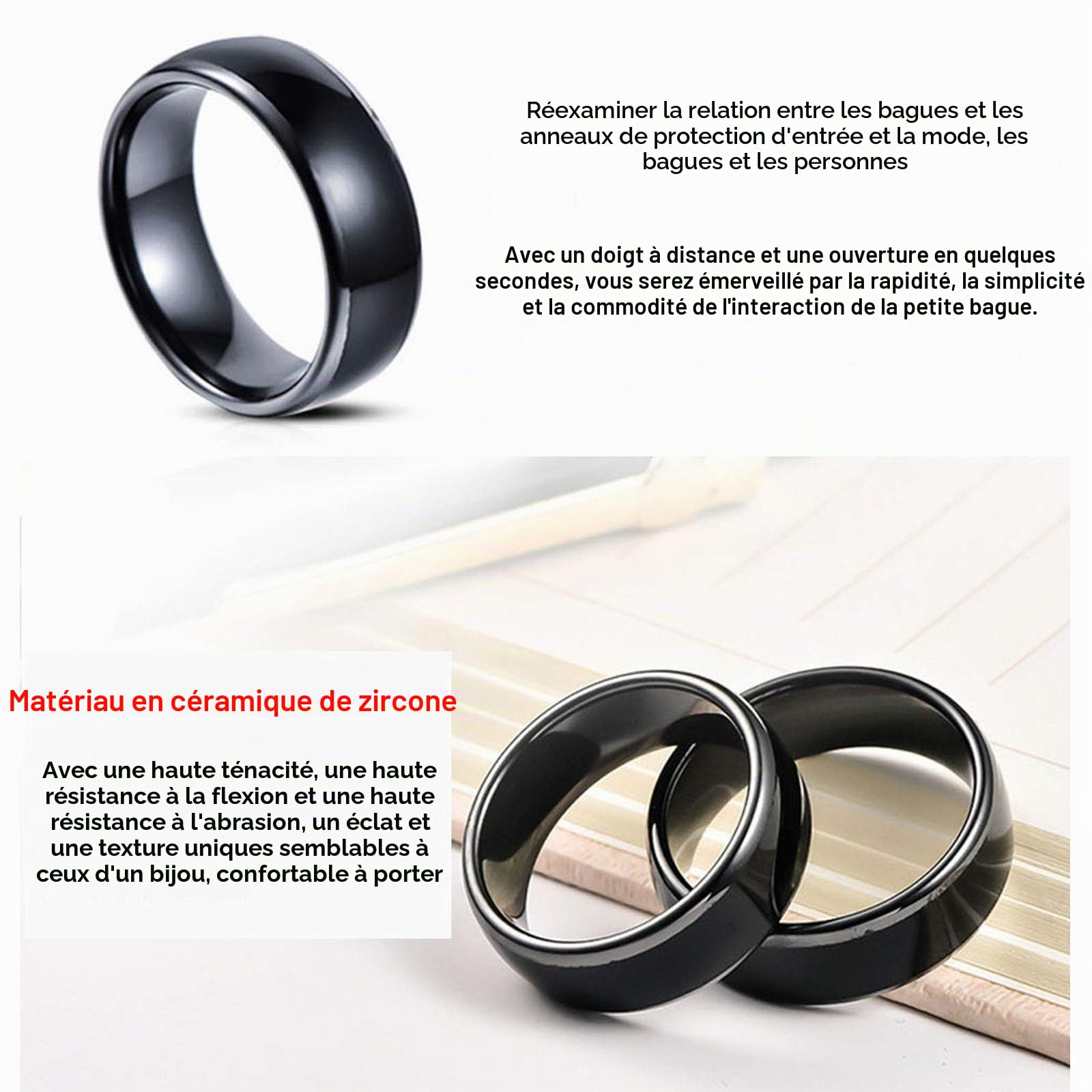 Bague de réécriture intelligente T5577 ou puce UID RFID en céramique noire 125 kHz/13,56 MHz pour homme ou femme (T5577 125 KHZ-19 mm)