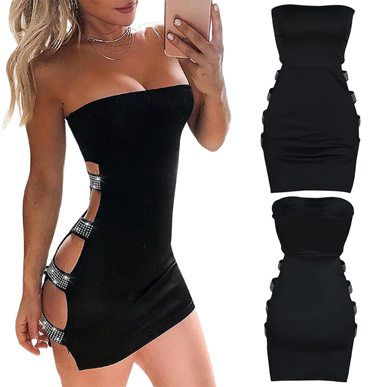 Loalirando Robe Crayon Femme Courte Sexy Moulante avec Strass Robe Epaules Dénudées pour Soirée Clubbing