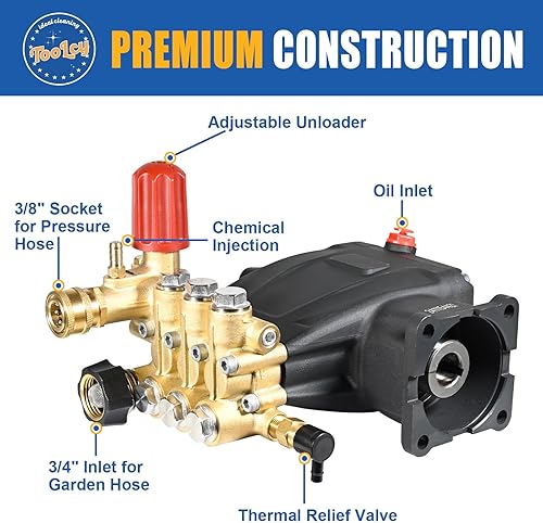 Miniatura 3 de TOOLCY Bomba de lavado a presión de 3400 PSI Max 3.0 GPM, eje de 34 pulgadas de eje horizontal triplex émbolo de repuesto de la bomba de la lavadora