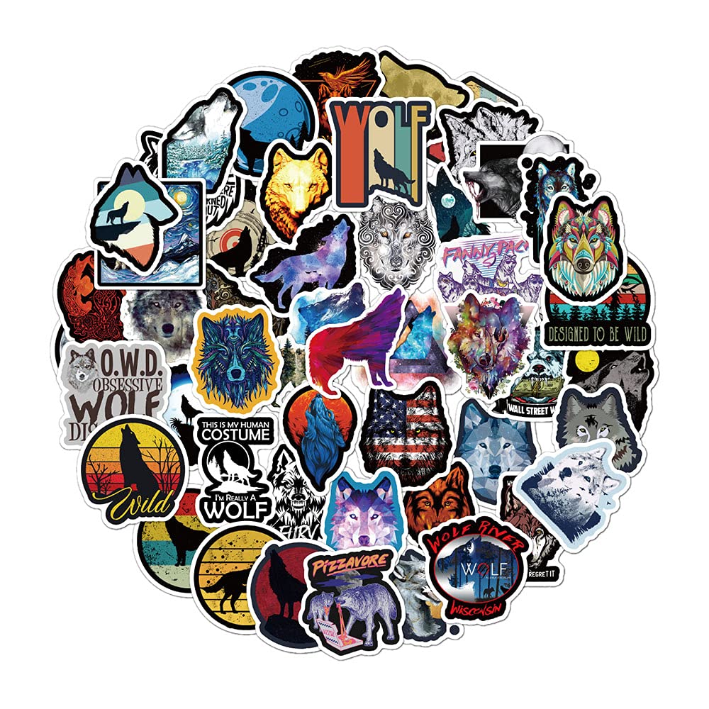 Qaxrocyn Wolf Trendy Vinyl Stickers, 50 Pcs Waterproof Cartoon Animals Decals For Laptops, Scrapbooking, Journals, Notebooks, Water Bottles, Suitcases, Phones & Diy Decor