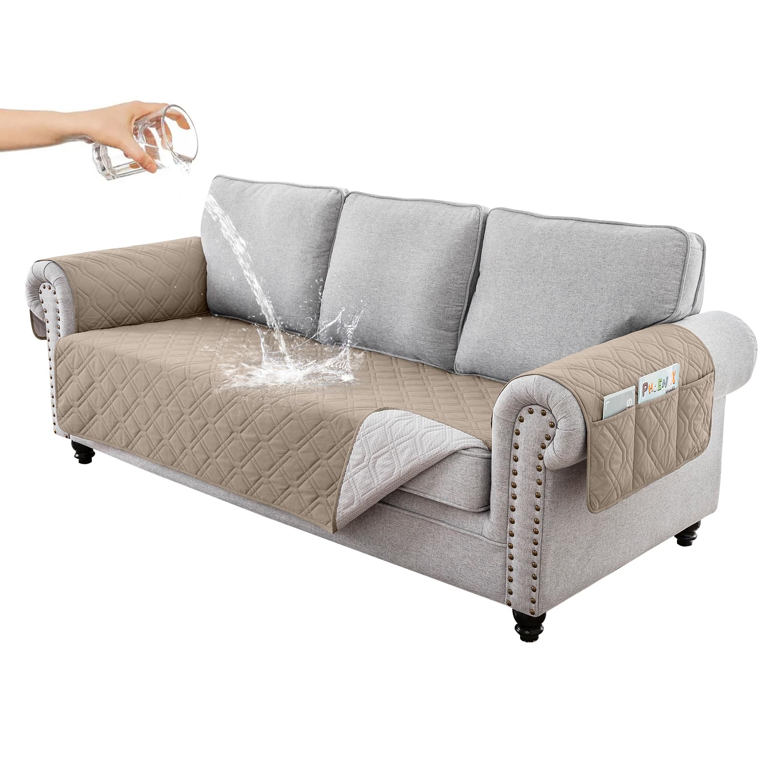 RAPRAP Sofa Cover 3 Seater 100% Waterproof Sofa Protector with Side Pockets for Kids, Pets, Dogs, Durable Non-Slip Three Seater Couch Covers, Washable,Khaki,3 Seater